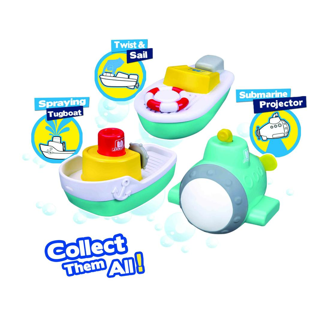 BB Junior Splash 'N Play Jr Captains Gift Set with Submarine Projector, Twist & Sail boat, and Spraying Tugboat for water fun.