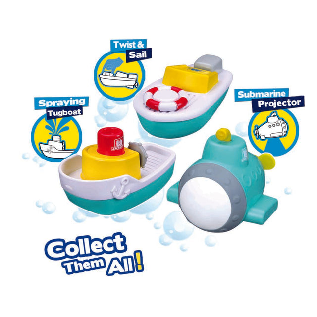 BB Junior Splash 'N Play Jr Captains Gift Set with Submarine Projector, Twist & Sail boat, and Spraying Tugboat for water fun.
