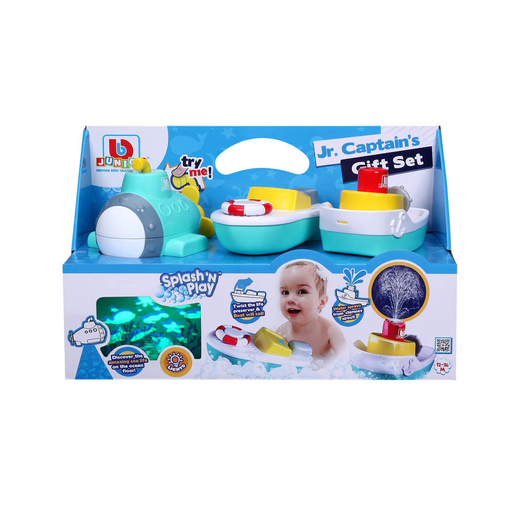 BB Junior Splash 'N Play Jr Captains Gift Set with projector, sailing boat, and spraying tugboat for imaginative water play.