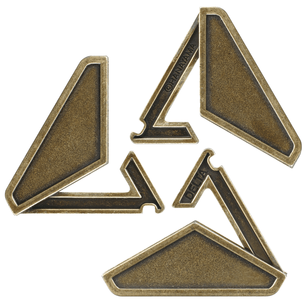 Huzzle Puzzle: Delta (Lv3) features three interconnected pieces, designed for ages 8+, perfect for enhancing problem-solving skills.