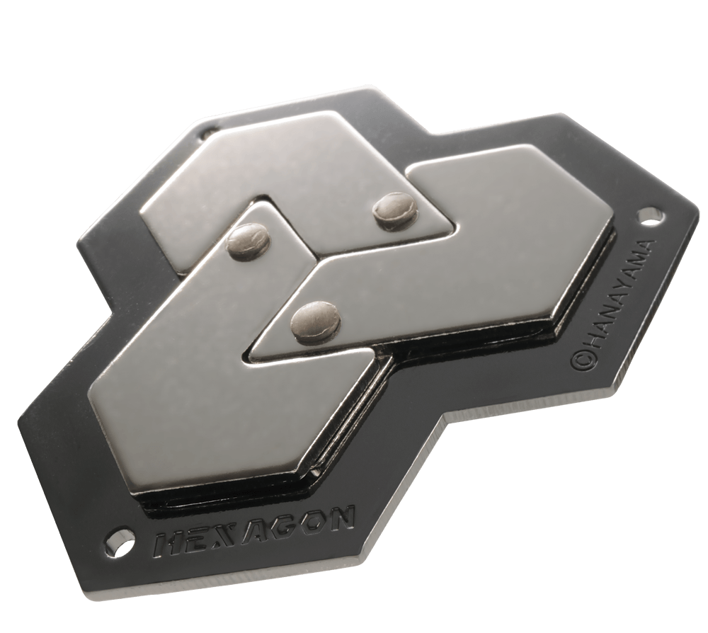 Huzzle Puzzle: Hexagon level 4 puzzle with three unique hexagon pieces in a frame, promoting logic and creativity.