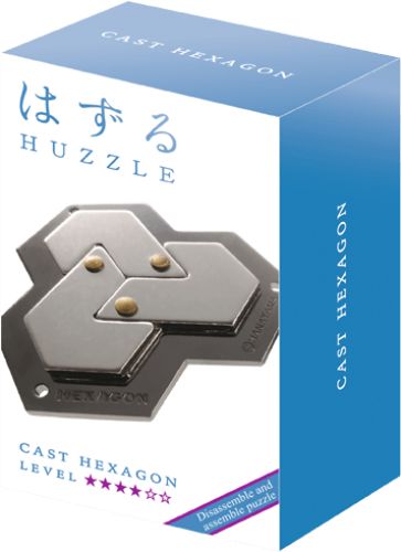 Huzzle Puzzle: Hexagon features three sliding hexagon pieces in a frame, designed for challenging mind exercises and fun.