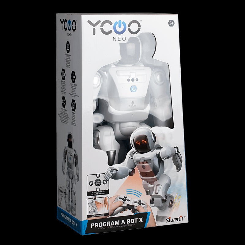 Silverlit Ycoo Program A Bot X: 40cm programmable robot for kids, featuring diverse movements and interactive play modes.