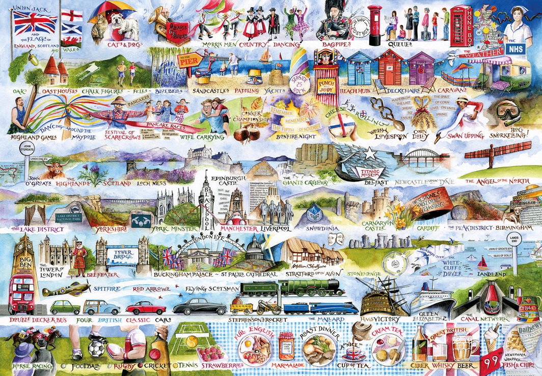 Gibsons Cream Teas & Queuing 2000-piece jigsaw puzzle featuring charming British tea time illustration by Val Goldfinch.