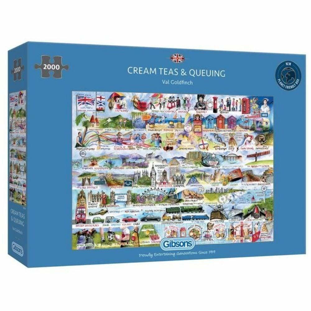 Gibsons Cream Teas & Queuing 2000-piece puzzle featuring charming illustrations by Val Goldfinch, measuring 98x68cm.