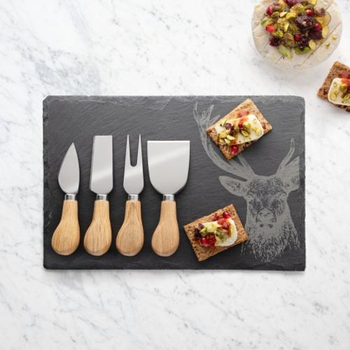 Slate Cheese Board with 4 Oak Cheese Knives - Taylors
