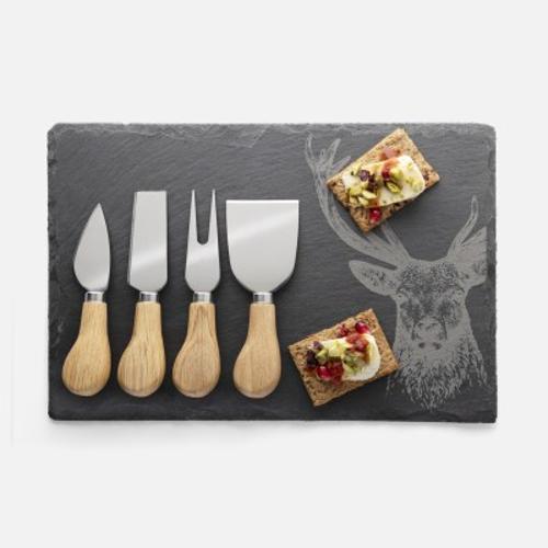 Slate Cheese Board with 4 Oak Cheese Knives - Taylors