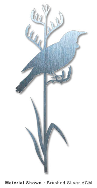 Tui bird perched on tall flax, vibrant Kiwiana wall art in silver, lightweight ACM material, perfect for home or garden decor.