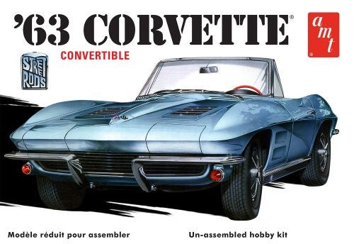 1/25 scale plastic kit of a '63 Chevy Corvette Convertible, featuring 163 detailed parts and 3-in-1 building options.