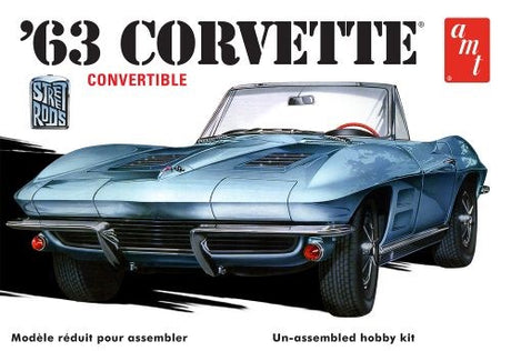 1/25 scale plastic kit of a '63 Chevy Corvette Convertible, featuring 163 detailed parts and 3-in-1 building options.