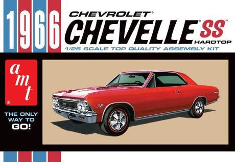 1/25 scale model kit of a 1966 Chevy Chevelle SS featuring over 100 parts, chrome accents, and customizable options.