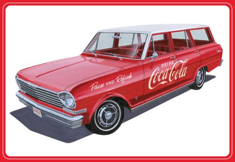 1/25 scale model kit of a 1963 Chevy Nova Wagon in off-white with chrome accents, featuring Coca-Cola decals.