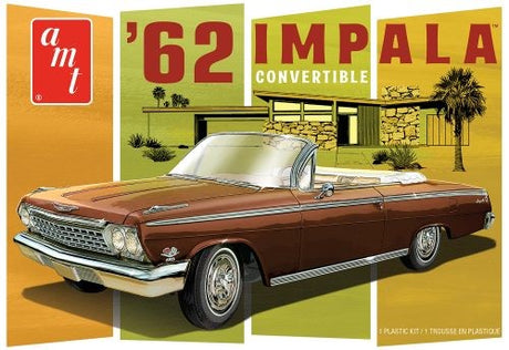 1/25 scale model kit of a classic 1962 Chevy Impala Convertible with detailed parts and vibrant colors.