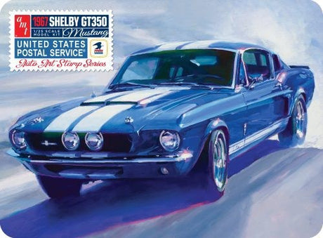 1:25 scale model kit of the '67 Shelby GT350 in USPS-themed tin, featuring 123 detailed parts for enthusiasts and collectors.