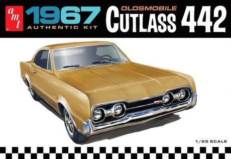 1/25 scale model kit of '67 Oldsmobile 442, featuring 116 parts and detailed design, ideal for car enthusiasts and hobbyists.