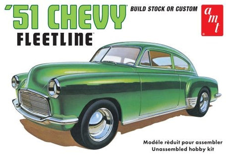 1/25 scale model kit of the 1951 Chevrolet Fleetline featuring over 131 customizable parts and vintage packaging.