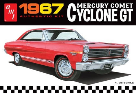 1/25 scale model kit of a 1967 Mercury Cyclone GT with detailed V-8 engine and customizable features, perfect for hobbyists.