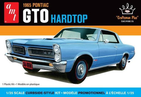 1/25 scale model kit of a 1965 Pontiac GTO Hardtop, featuring 54 parts, detailed design, and easy assembly for hobbyists.