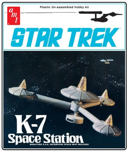 1:7600 scale model of Star Trek K-7 Space Station with U.S.S. Enterprise, featuring 29 easy-to-assemble parts.