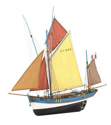 1:50 scale wooden ship model of the French tuna fishing boat Marie Jeanne, featuring detailed pre-cut parts and hand-sewn sails.