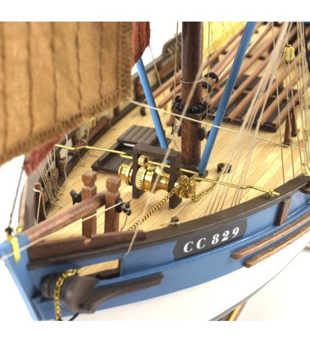 1:50 scale wooden model ship of the French tuna fishing boat 'Marie Jeanne' with intricate details and an exhibition base.