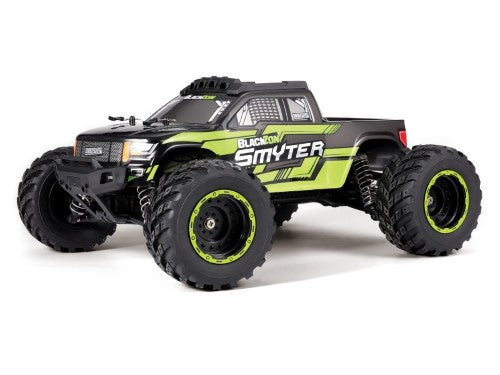 Green 1/12 RTR EP Smyter 4WD monster truck with LED lights, adjustable shocks, and splashproof electronics for all terrains.