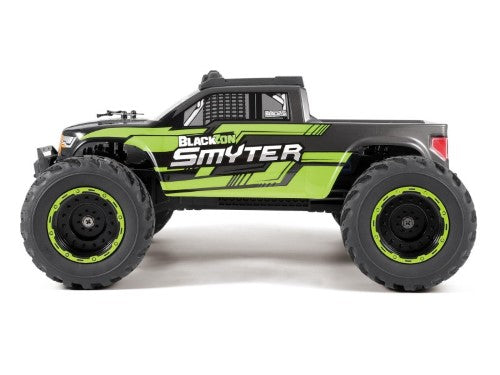 Green 1/12 RTR EP Smyter 4WD monster truck, featuring robust suspension, brushless motor, and LED lights for outdoor fun.