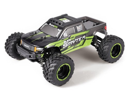 Green 1/12 RTR Electric Monster Truck with 4WD, adjustable shocks, LED lights, and splashproof electronics.