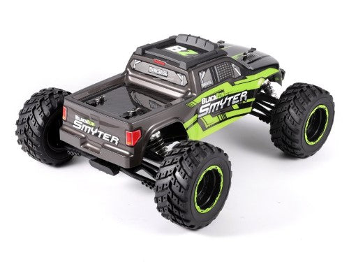 Green 1/12 RTR EP Smyter 4WD electric monster truck with LED lights and durable suspension for off-road adventures.