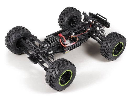 Green 1/12 RTR electric monster truck with 4WD, adjustable shocks, splashproof electronics, and LED lights.