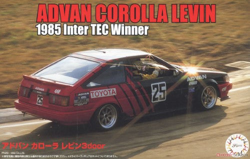 1/24 scale model kit of the Corolla Levin 'Advan' with detailed racing features and customizable options.