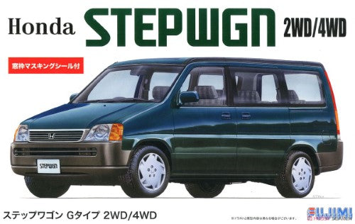 1/24 scale Plastic Kitset of 1996 Honda StepWagon G Type, featuring 2WD/4WD options and window frame masking for easy detailing.