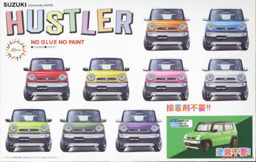 1/24 Suzuki Hustler model kit in Positive Green Metallic, featuring detailed parts and easy SNAP assembly without glue.