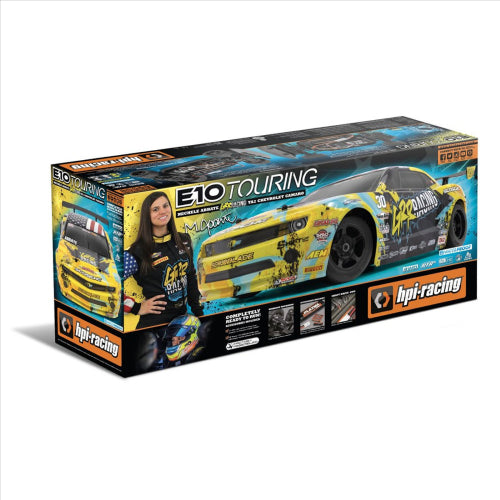 HPI Racing 1/10 EP RS 4WD E10 Camaro RC car with high-torque motor, 4WD system, and customizable driving styles.