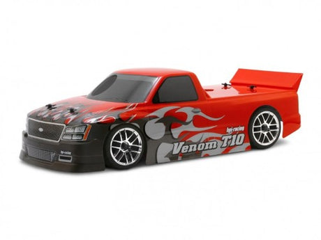 Venom T-10 Truck Body for 200mm chassis, durable polycarbonate with street style, includes decals and window masks.