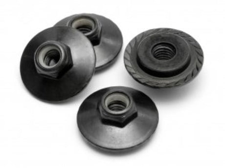 Pack of 4 durable M5x8mm flanged lock nuts for secure connections in RC vehicles, ensuring stability and reliability.