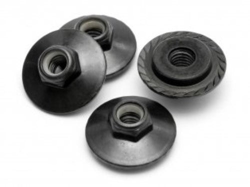 Pack of 4 durable M5x8mm flanged lock nuts for secure connections in RC vehicles, ensuring stability and reliability.
