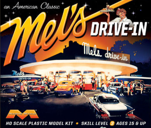 Detailed HO scale model of Mel's Drive-In, capturing 1960s Americana for model train enthusiasts and collectors.