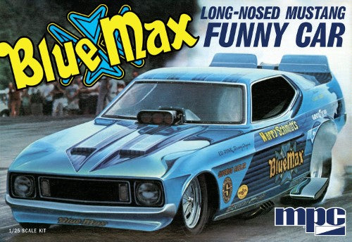 MPC 1/25 Blue Max Mustang Funny Car model kit with 91 parts, detailed engine, and retro packaging for collectors and hobbyists.