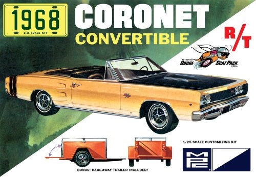 Detailed 1/25 scale model kit of a 1968 Dodge Coronet Convertible with customizable parts and included transport trailer.