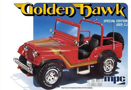 1/25 scale model kit of the '81 Jeep CJ5 Golden Hawk featuring detailed engine, off-road tires, and customizable interior.