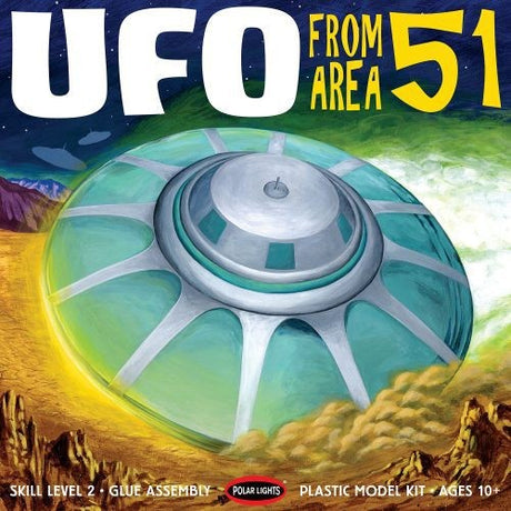 1/48 scale Area 51 UFO model kit featuring molded parts, detailed interior, and three alien figures for creative display.