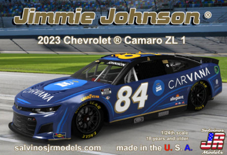 1/24 scale model of the Jimmie Johnson 2023 Camaro, ideal for NASCAR fans and model building enthusiasts.