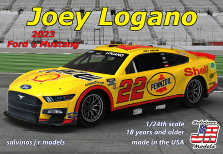 1/24 Team Penske J. Logano Ford Mustang plastic model kit featuring detailed 2023 design, Shell and Pennzoil branding.