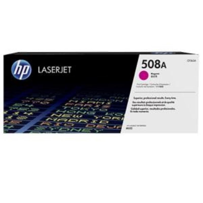 Magenta HP 508A toner cartridge for M552, prints 5000 pages with vibrant colors and advanced JetIntelligence technology.