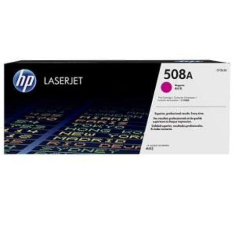 Magenta HP 508A toner cartridge for M552, prints 5000 pages with vibrant colors and advanced JetIntelligence technology.