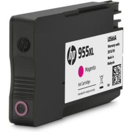 HP 955XL Magenta Ink Cartridge for inkjet printers, yields up to 1600 pages with vibrant color and reliability.