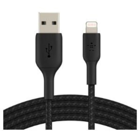 Belkin 2m Lightning to USB cable in black, featuring durable braided design for fast charging and data transfer.