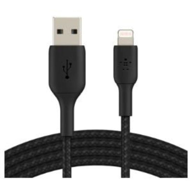 Belkin 2m Lightning to USB cable in black, featuring durable braided design for fast charging and data transfer.