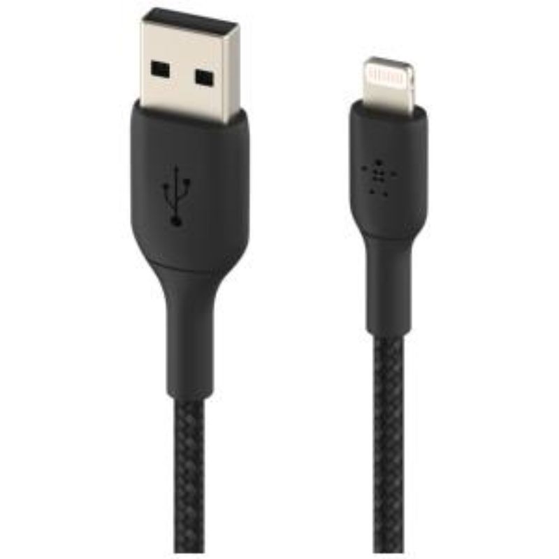 Belkin 2m Lightning to USB cable in black, featuring a durable braided design for fast data transfer and charging.